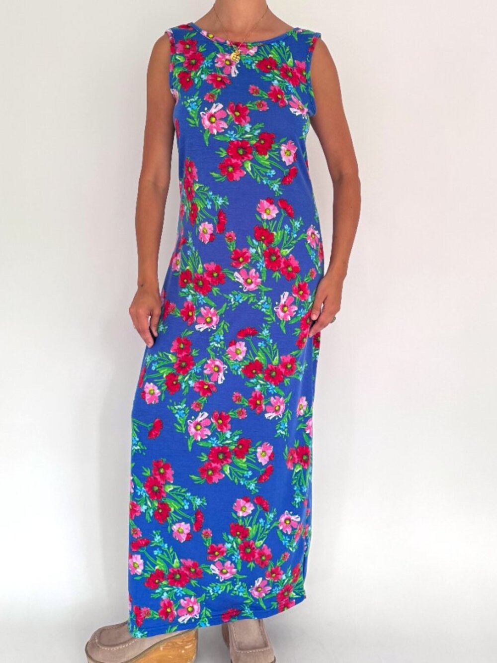 90s vintage blue multicolor floral print sleeveless long cotton maxi dress large